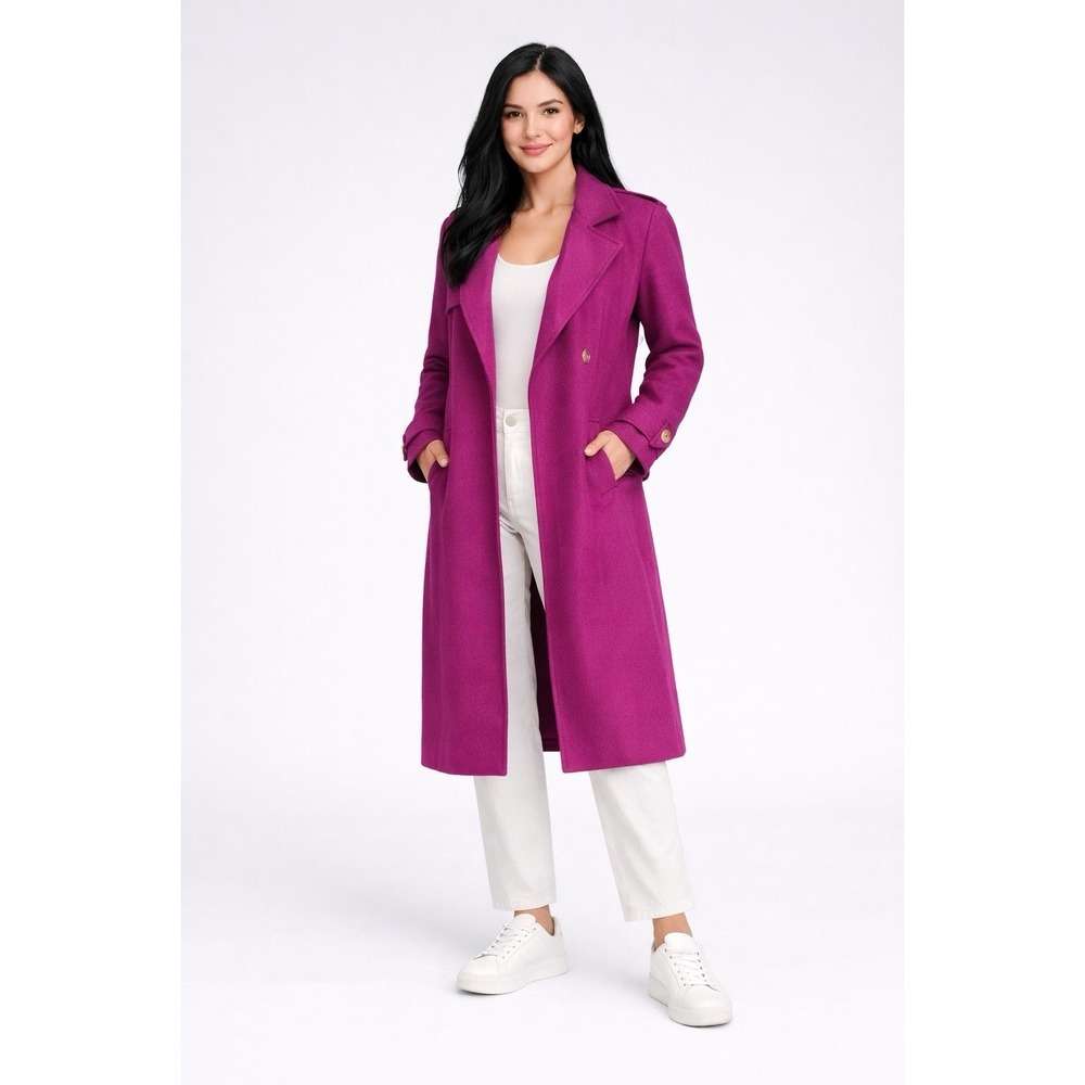 Made In Italy Purple Magenta Long Trench Coat Belted Cuff Pockets Size M/L